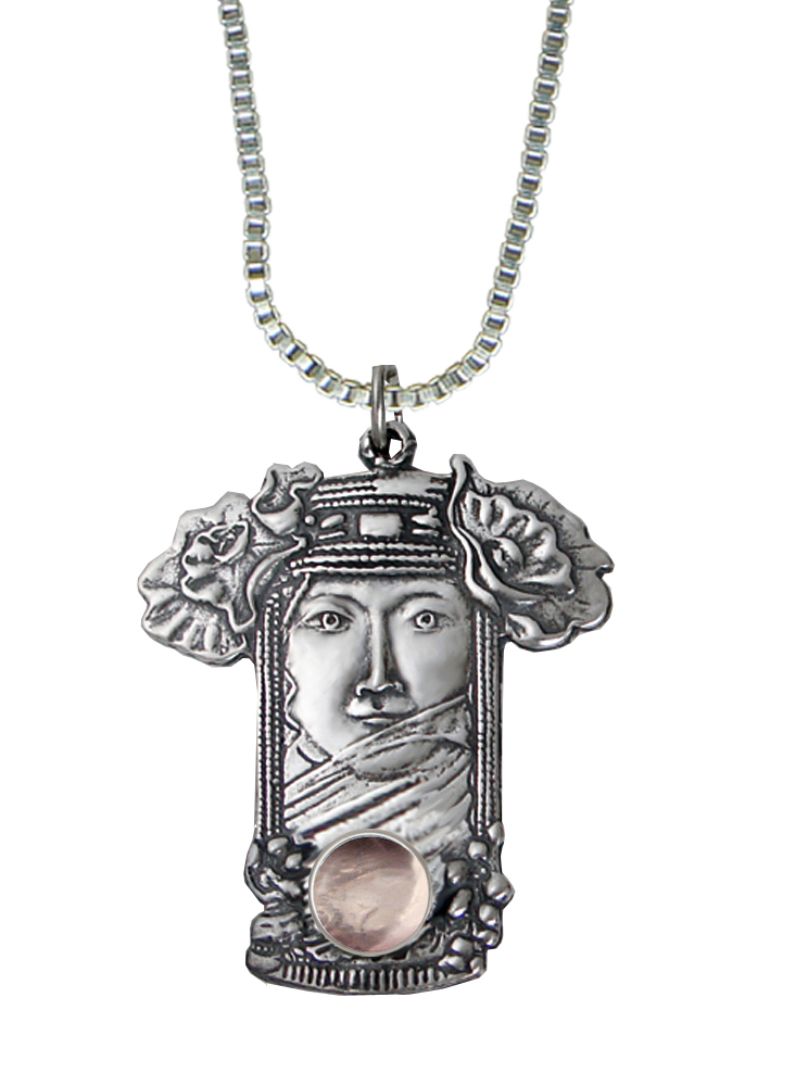 Sterling Silver Veiled Woman Maiden Pendant With Rose Quartz